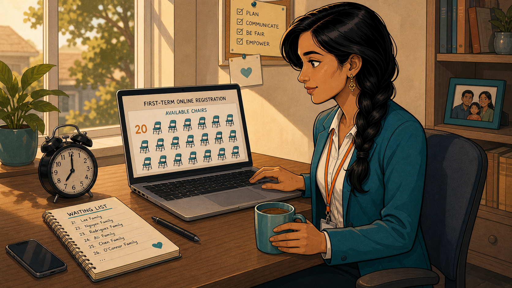 Priya reviews the first-term online registration page showing 20 available chairs, with an empty waiting list template ready beside her laptop