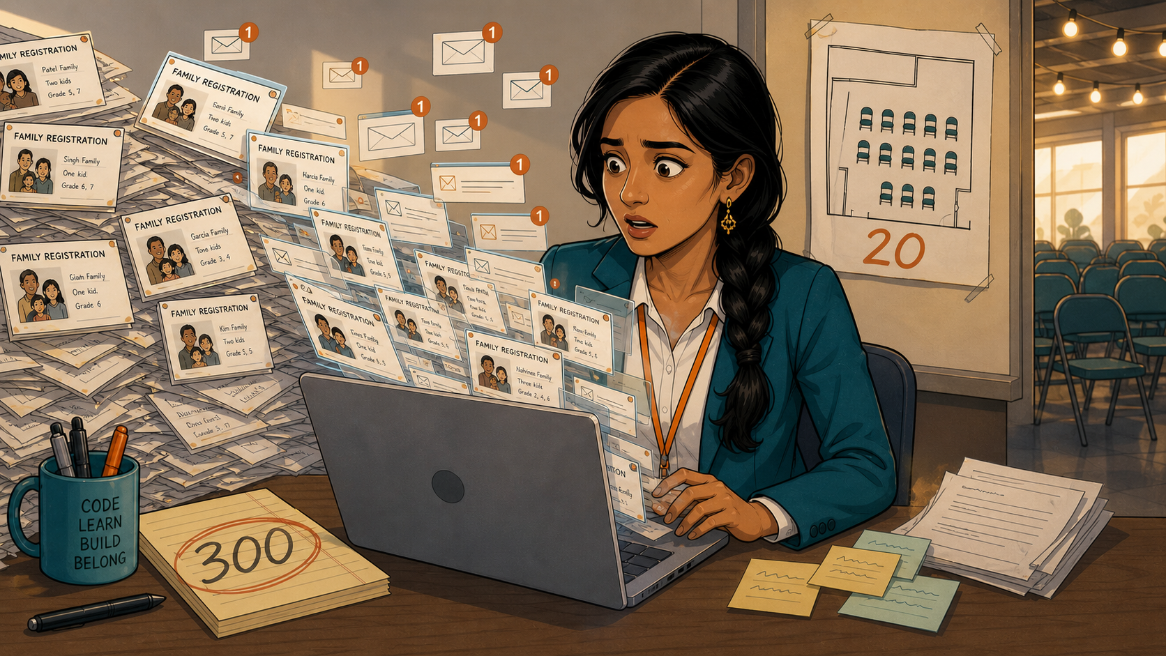 Registration cards and email notifications flood across Priya's screen as she stares wide-eyed, a notepad beside her circled with the number 300