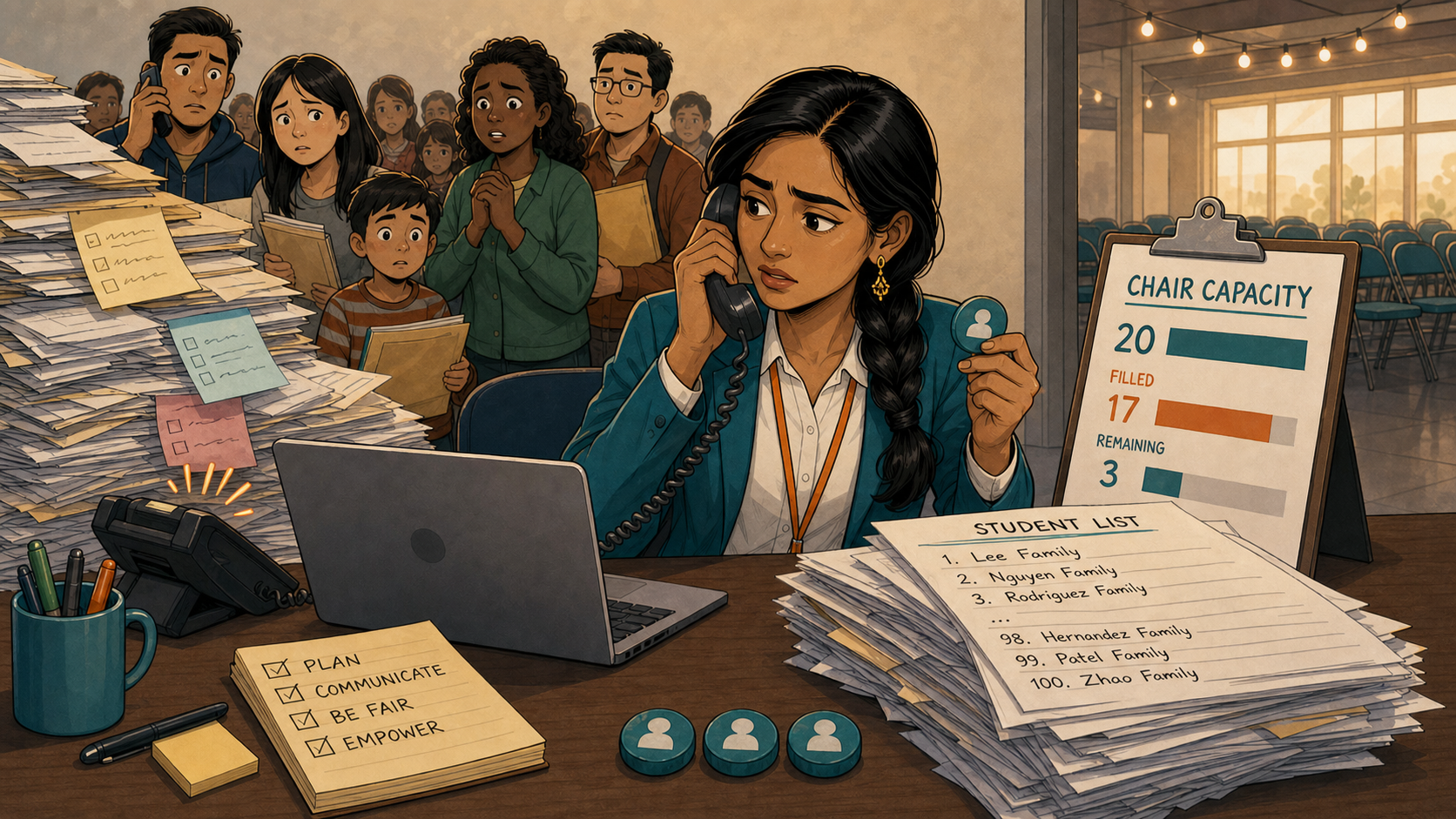 A line of anxious parents and children waits behind Priya as she answers a ringing phone, a Chair Capacity board showing 20 available, 17 filled, 3 remaining