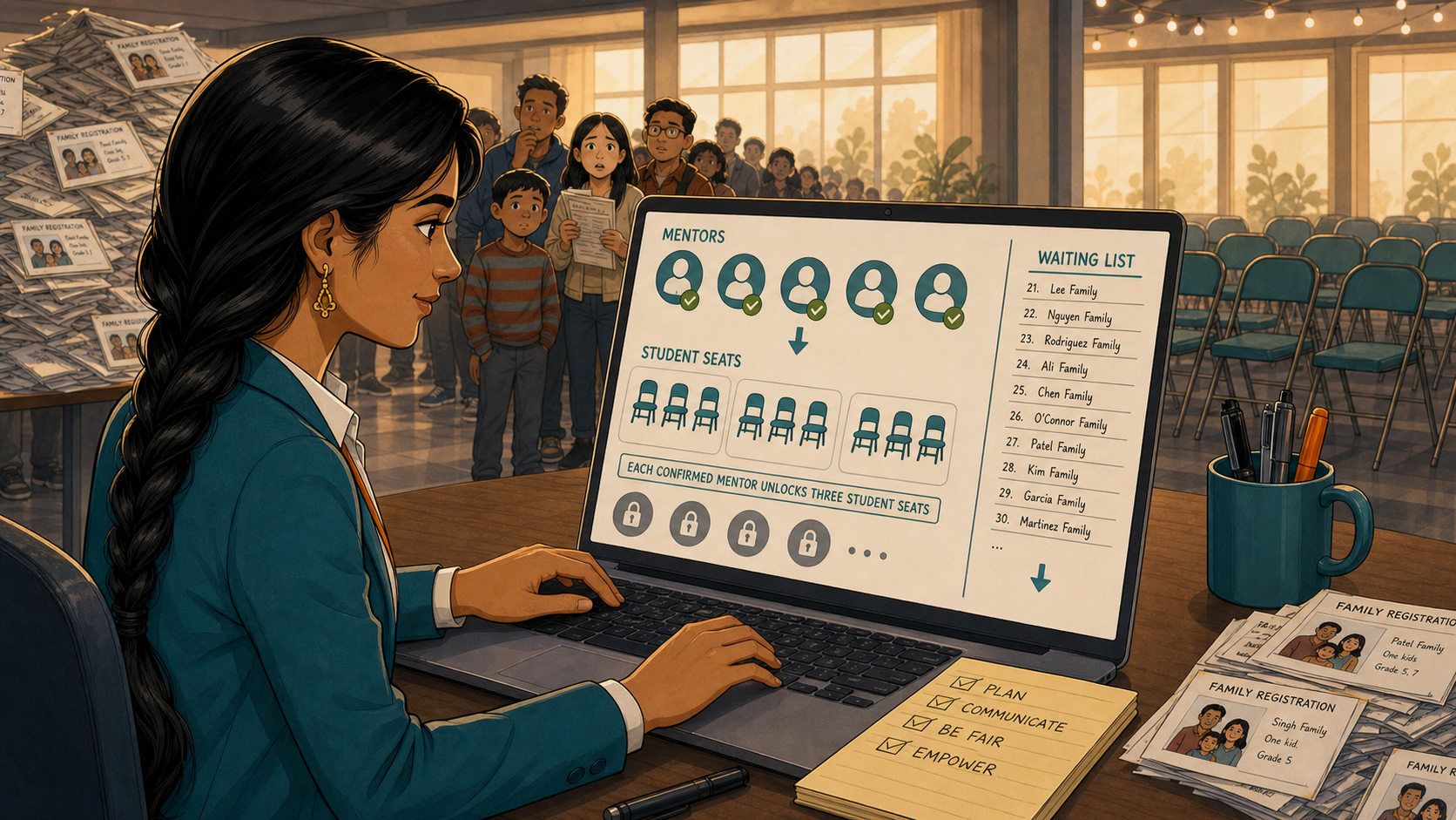Priya's laptop screen shows a new system: five mentor icons with checkmarks unlocking three groups of student seats, with a waiting list of family names beside it