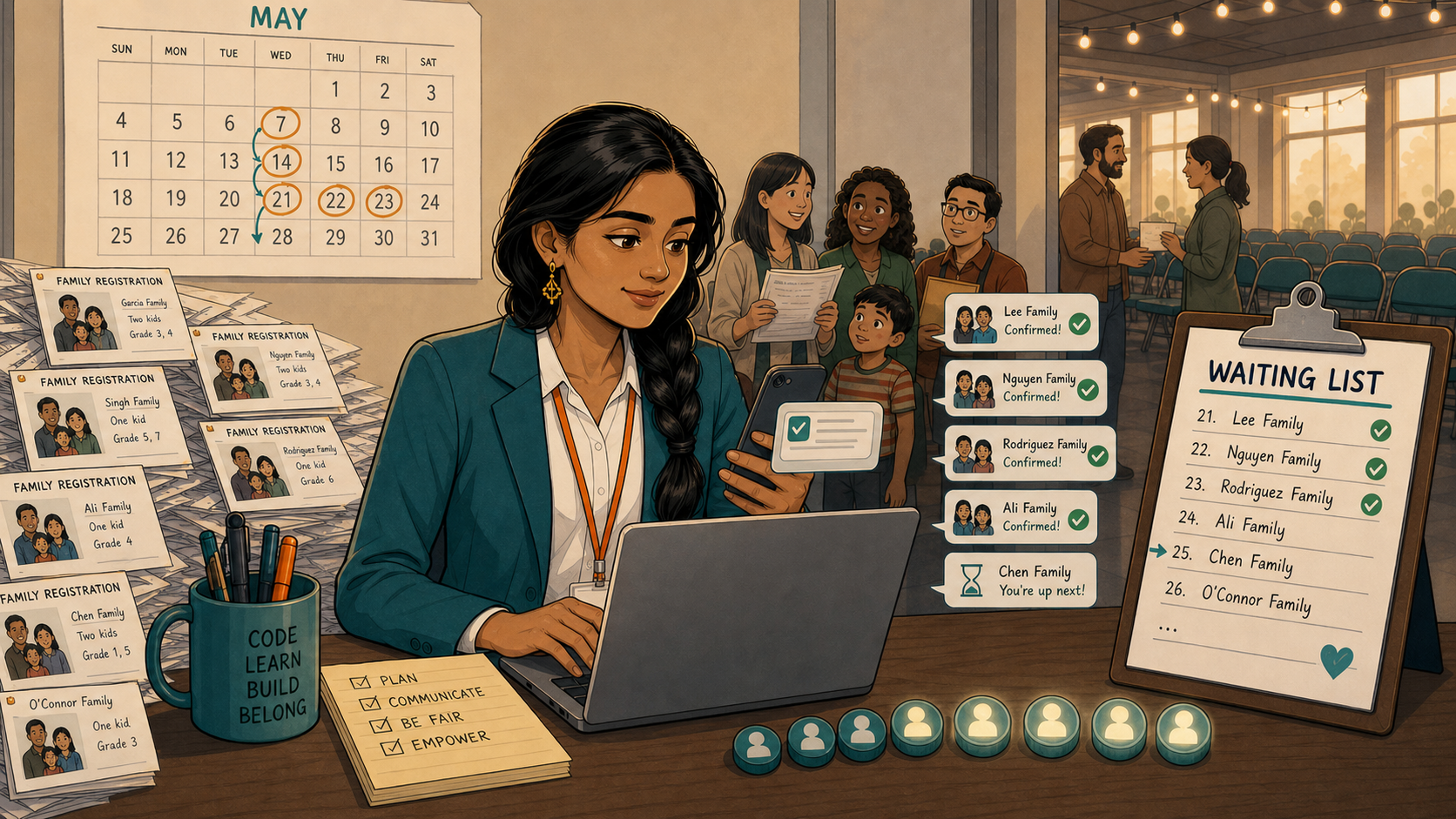 Priya's phone shows a stream of confirmation messages to waiting families as a May calendar with staggered dates hangs behind her, and the waiting list now shows checkmarks