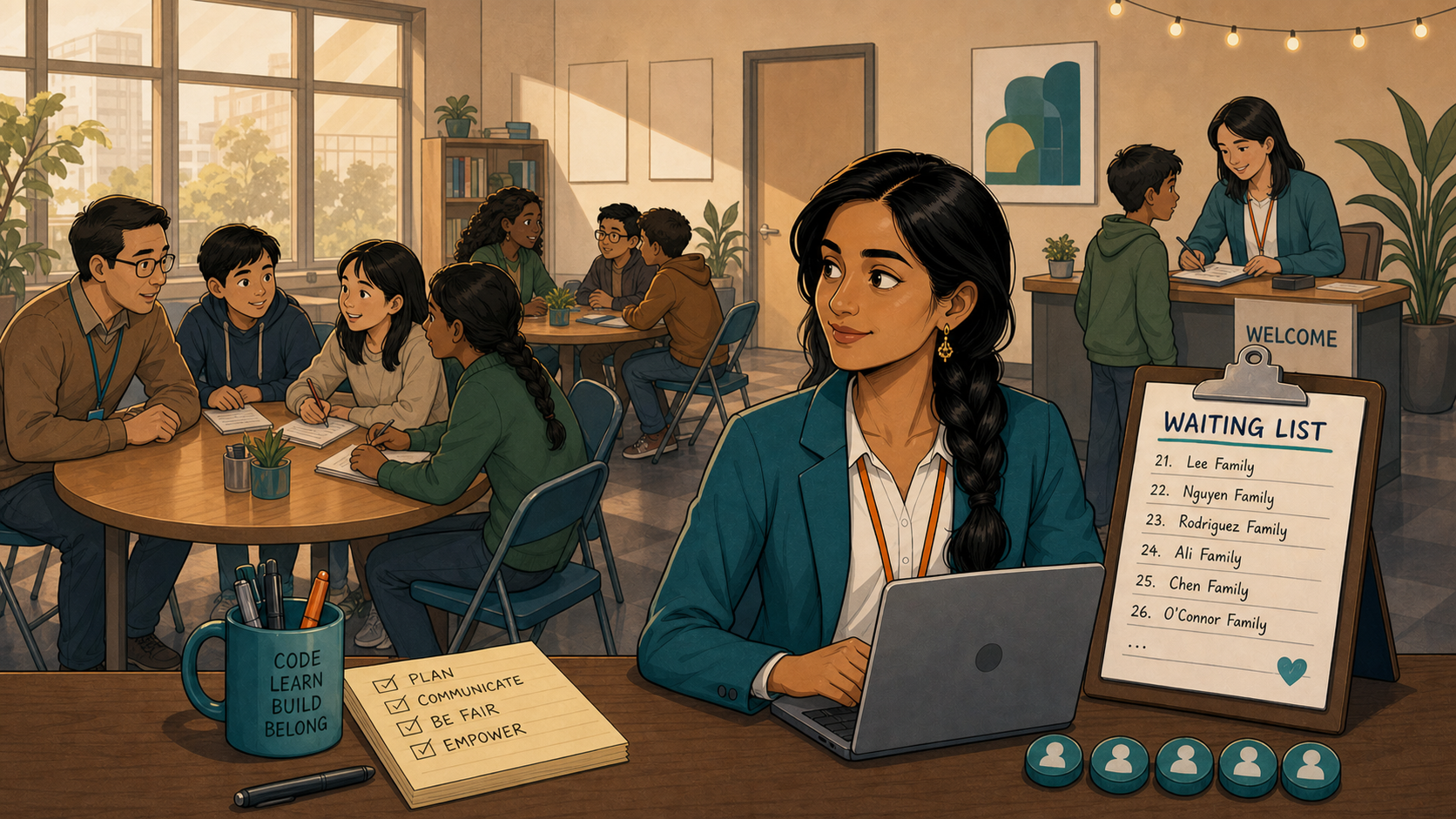 A calm classroom with small groups of students and mentors working together, a Welcome desk properly greeting a new family, and the waiting list still visible but orderly