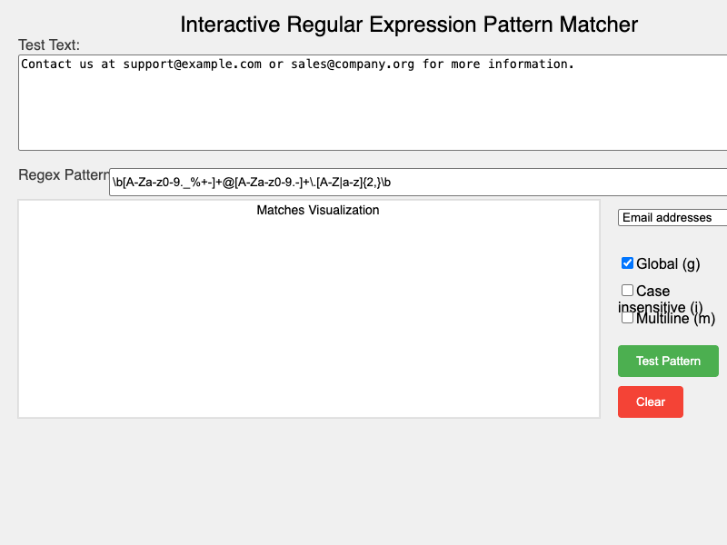 Interactive Regular Expression Pattern Matcher