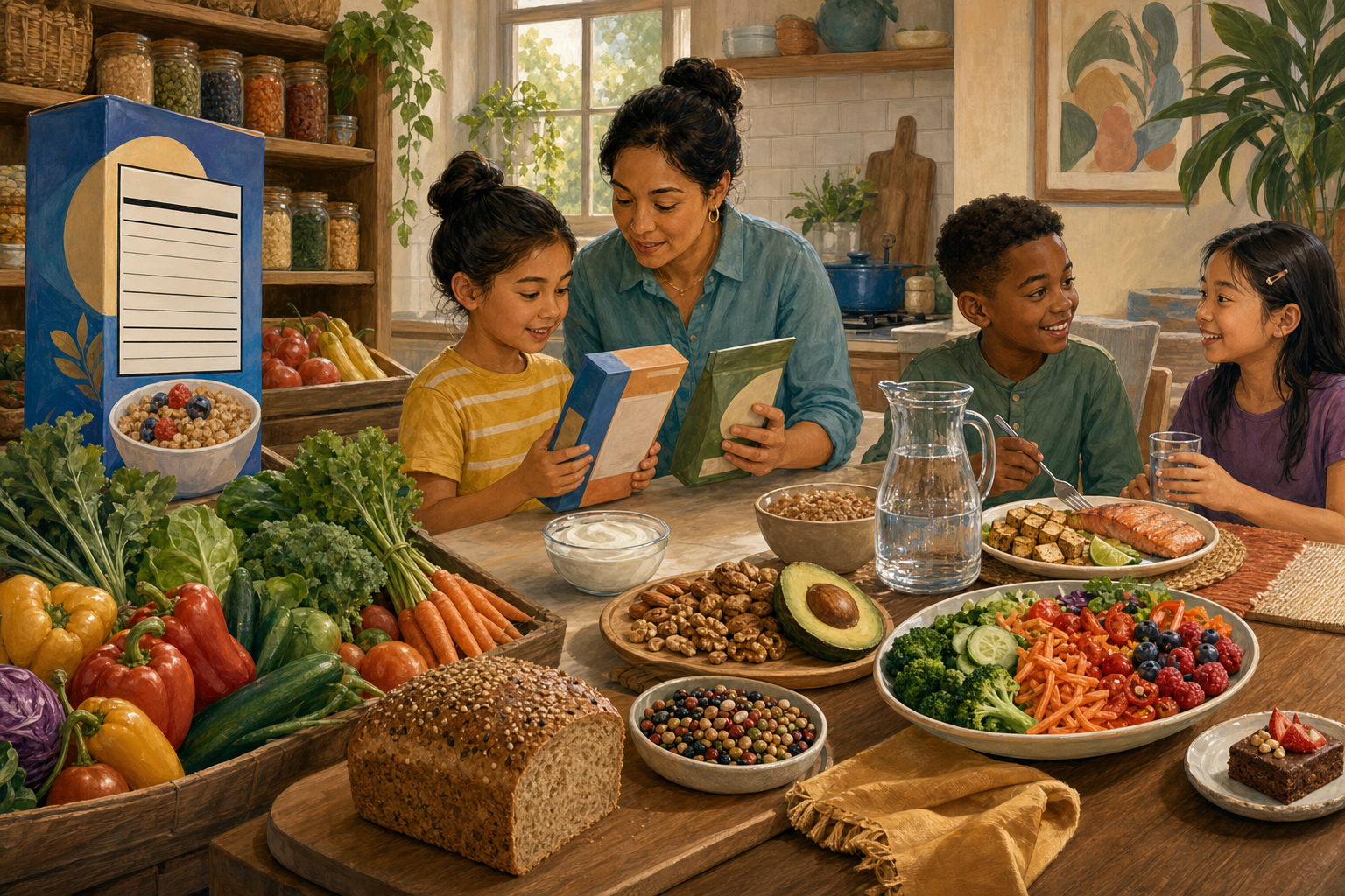 A market, kitchen, and shared table filled with varied foods and blank package panels for twelve interactive nutrition callouts.
