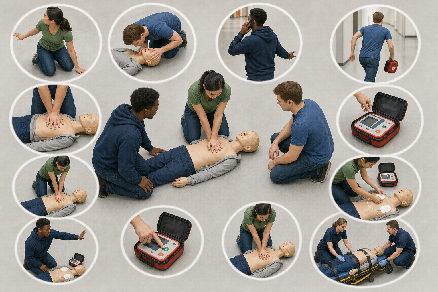 Twelve training-scene markers orient students to the CPR/AED response sequence and professional handoff.