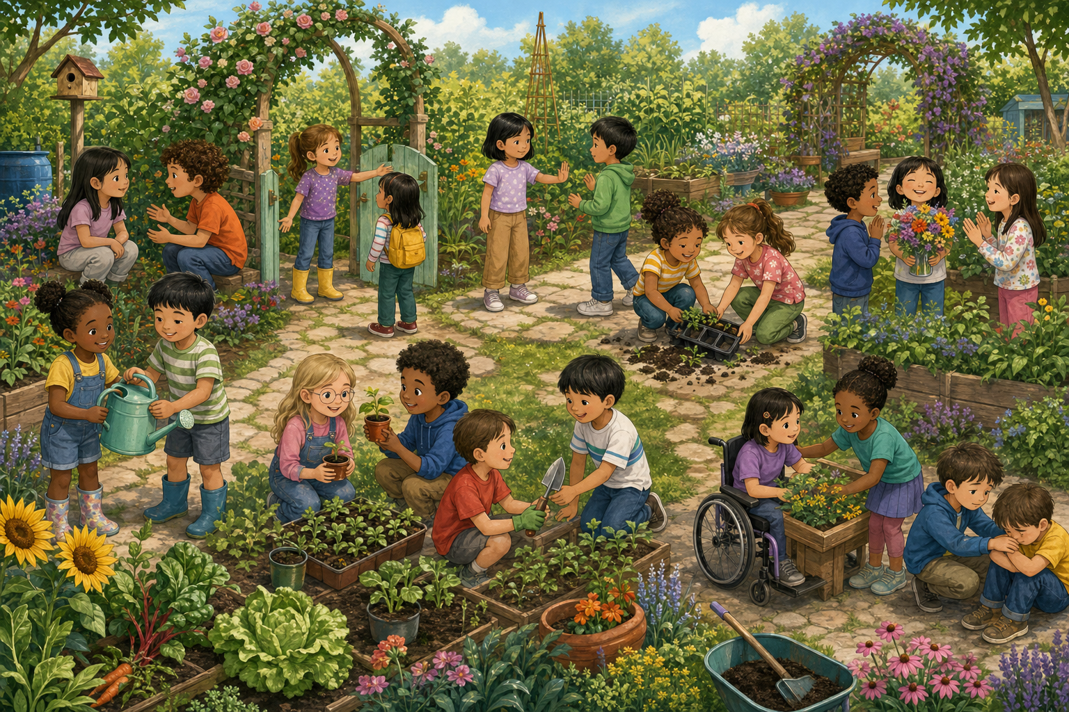 Ten visible friendship actions growing across an inclusive community garden.