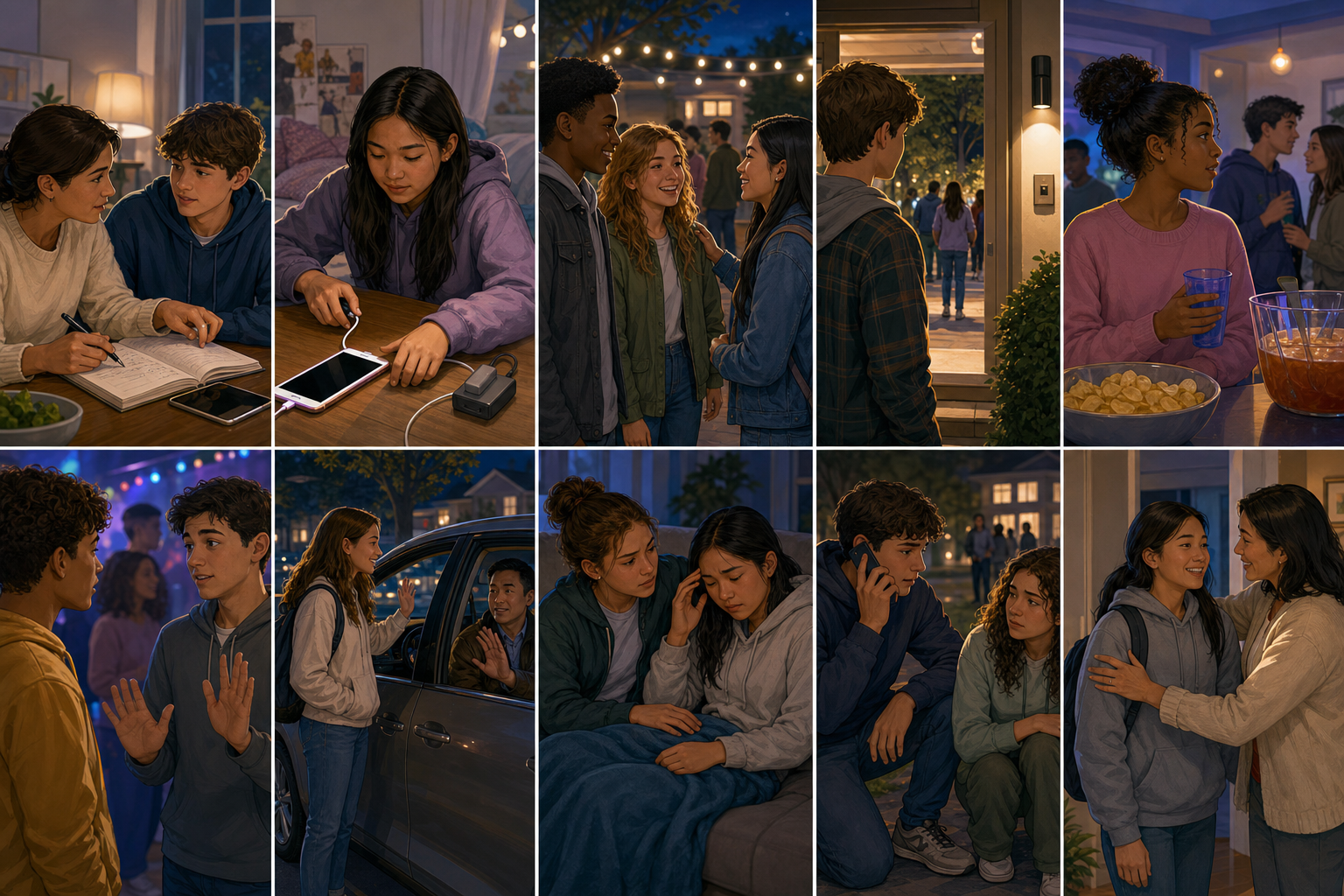 Ten scenes move from advance planning through pressure refusal, emergency help, and a safe return.