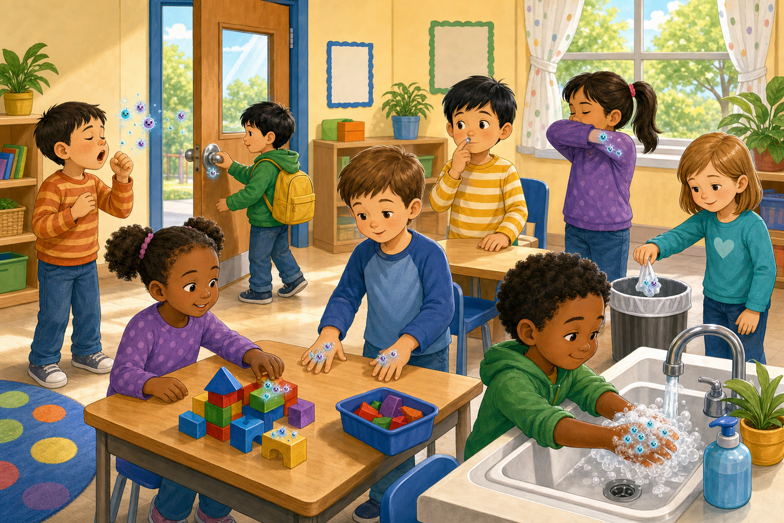 A Kindergarten classroom showing how germs spread and how healthy habits block them