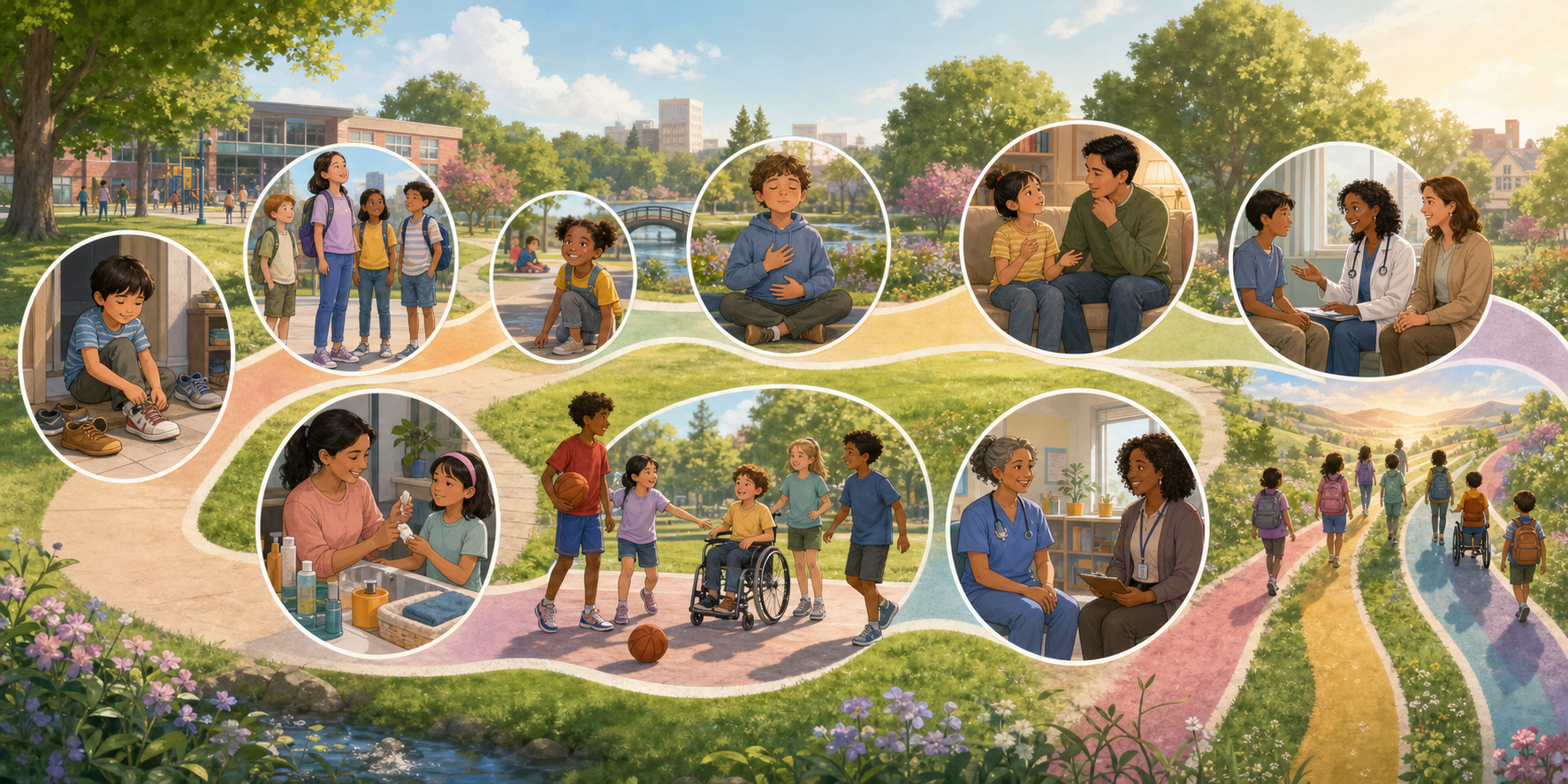 Ten non-anatomical moments normalize varied growth timing, mixed feelings, privacy, and trusted support.