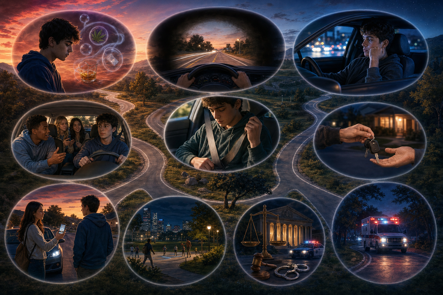 Ten dusk-to-safe-arrival scenes connect impairment risks with seatbelts, alternate rides, intervention, and help.