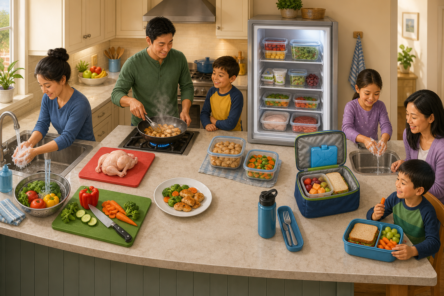 Twelve connected food-safety practices follow food from a kitchen sink to a packed lunch.