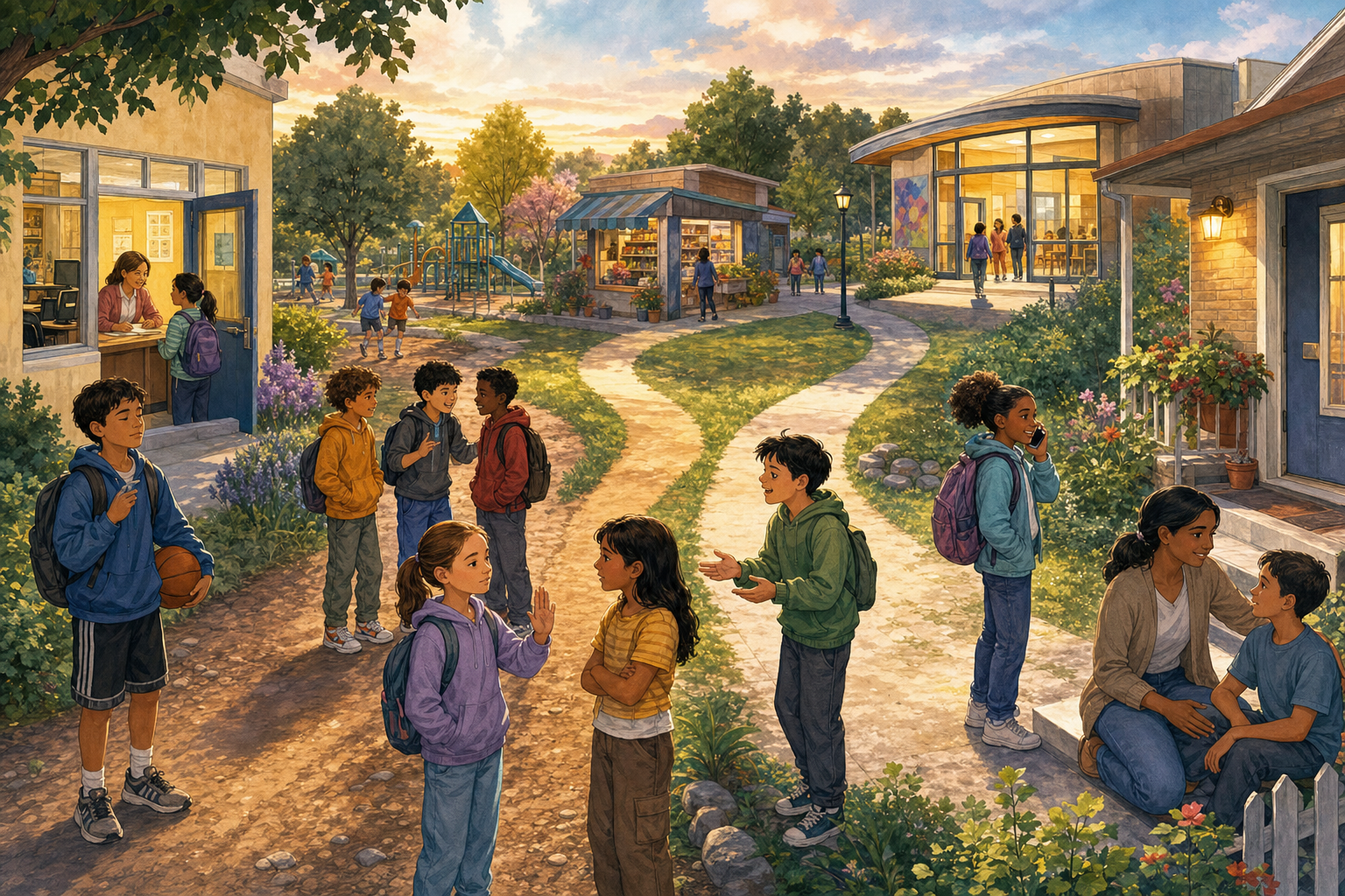 A calm after-school neighborhood panorama with students, open public paths, school staff, a community center, phone contact, and trusted adults.