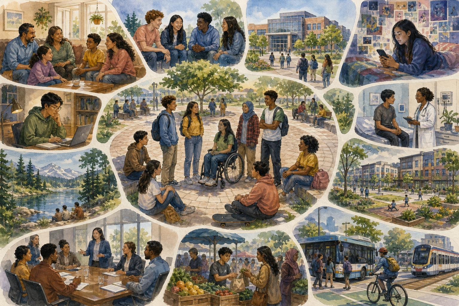 Twelve connected settings show health behavior as an ecosystem of relationships, institutions, place, and policy.