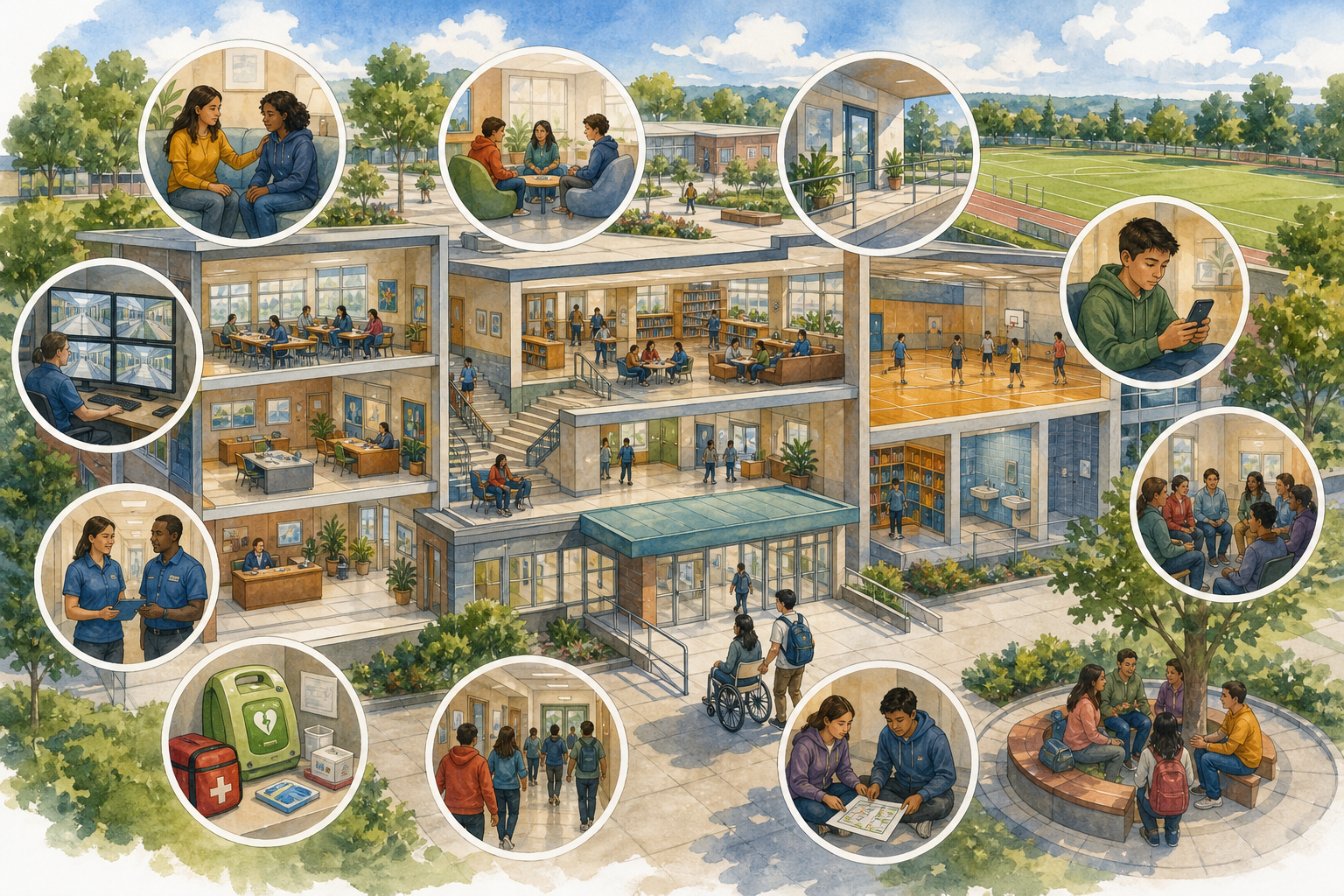Twelve campus systems show safety as climate, access, preparation, communication, care, and student participation.