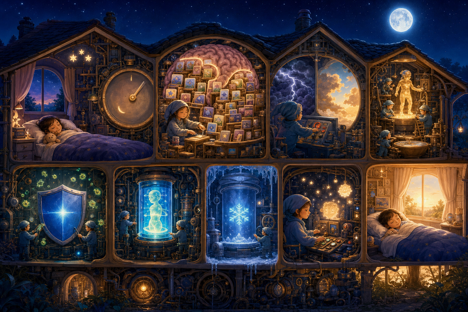 A moonlit cutaway repair workshop inside a sleeping house with ten interactive sleep-support stations.