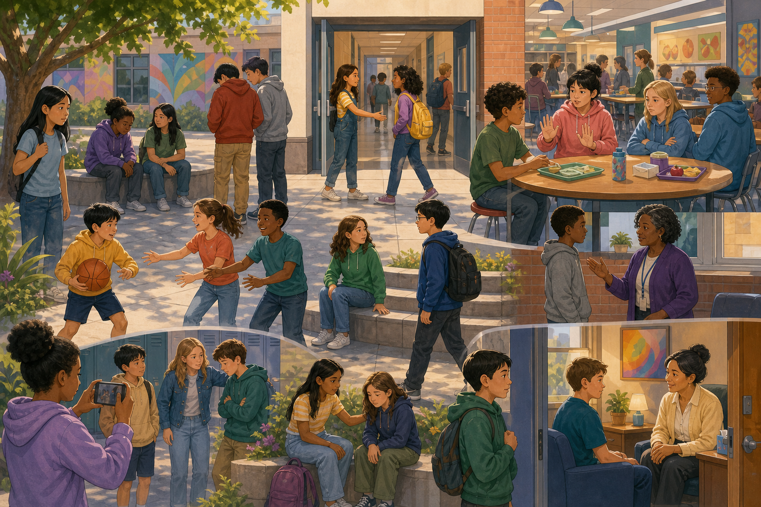 An inclusive school panorama showing ten calm, nonviolent upstander actions across a courtyard, cafeteria, hallway, and counselor office.