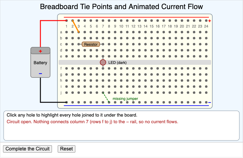 Breadboard Tie Points and Animated Current Flow