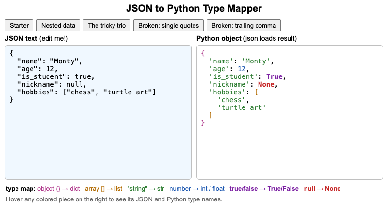 JSON to Python Type Mapper
