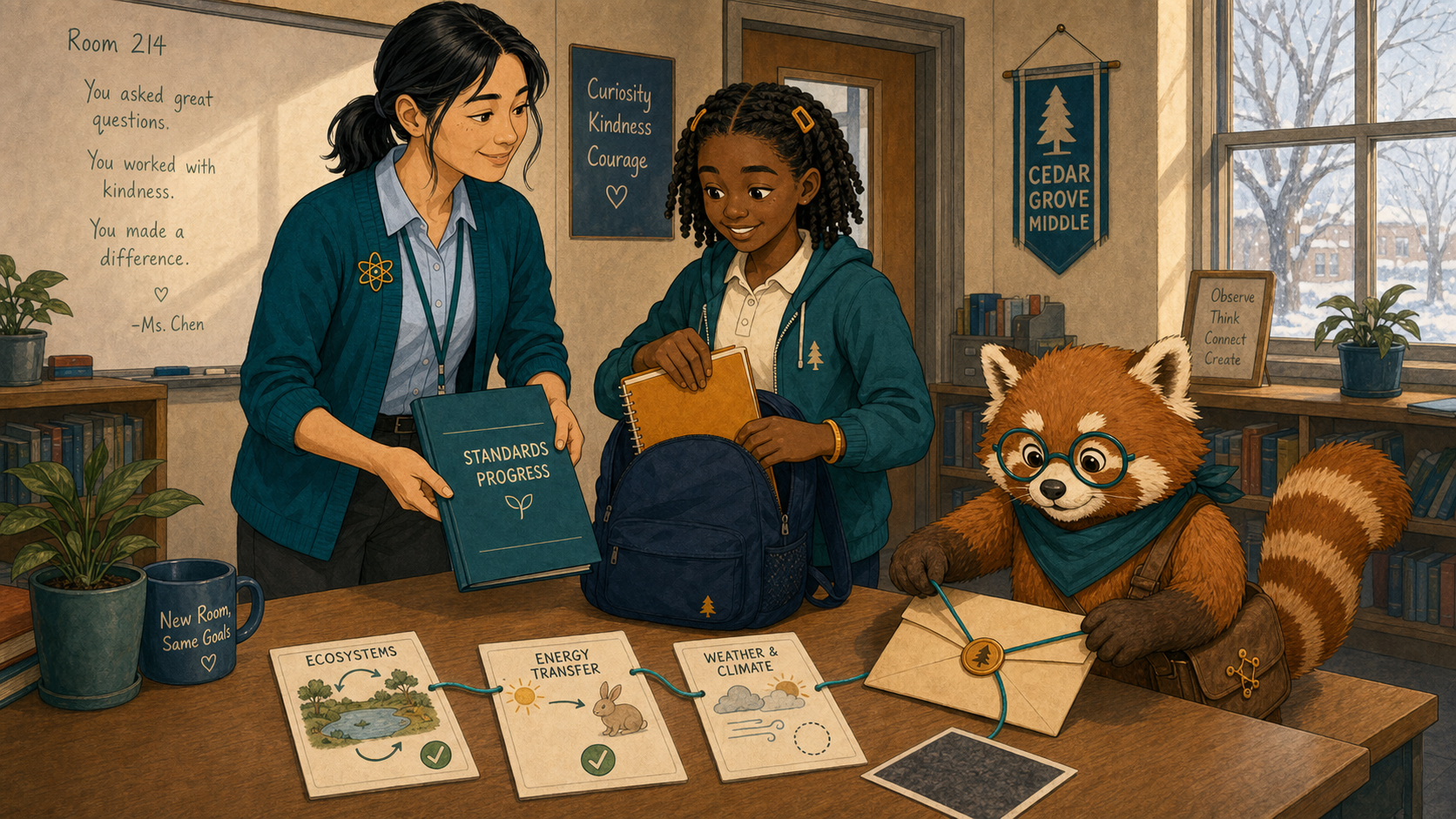 Leila packs her science notebook after her final class