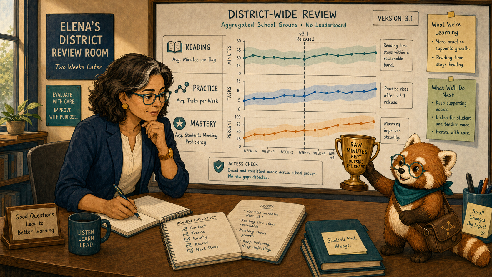 Elena reviews reading, doing, and mastery separately
