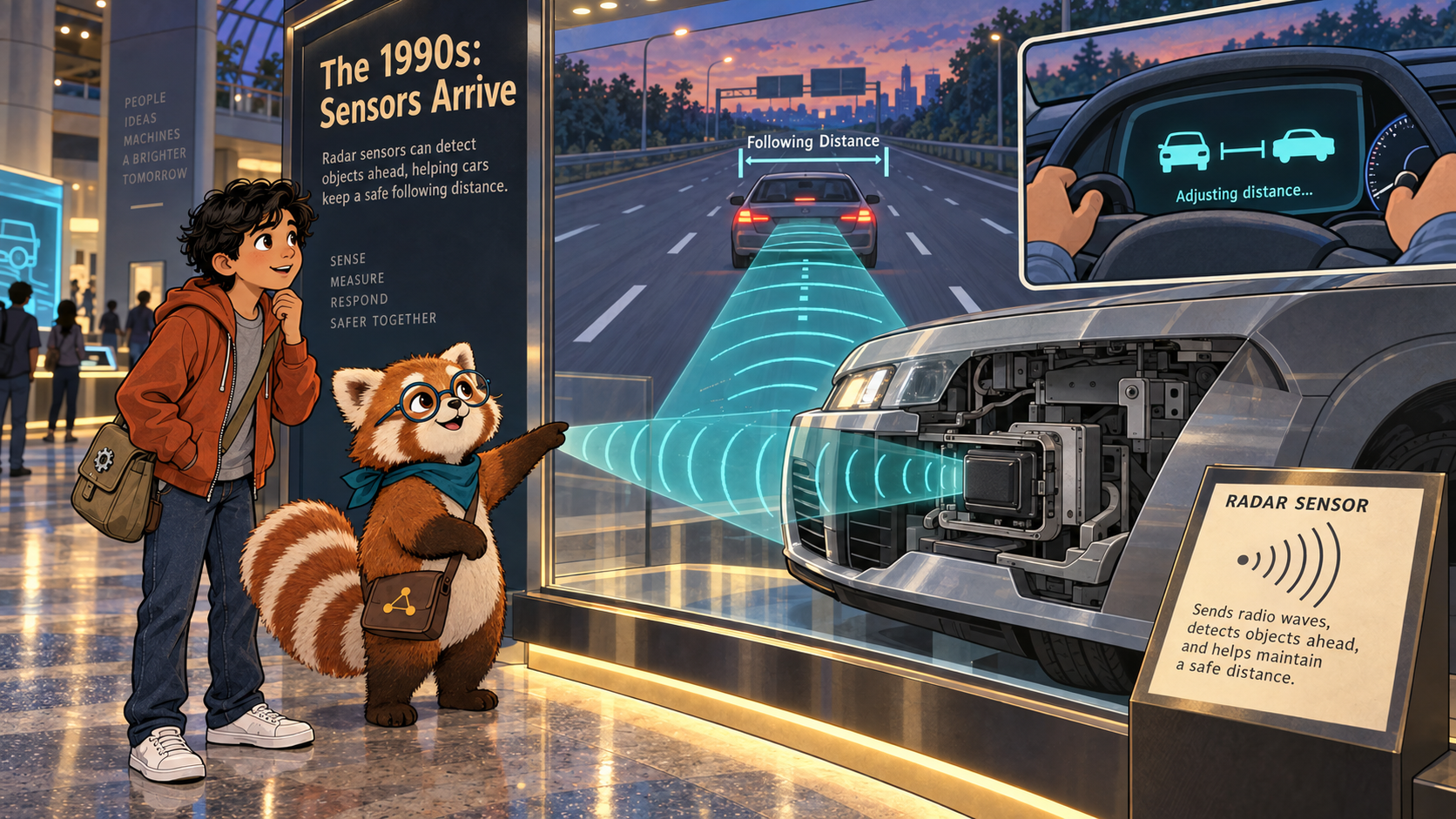 A dashboard radar display tracks the car ahead while the driver's car automatically slows