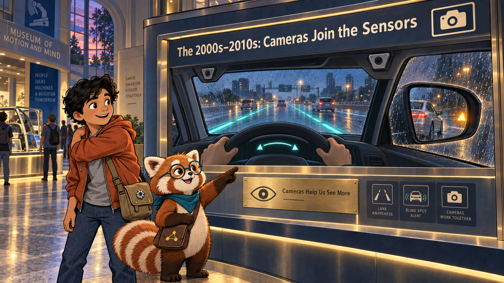 A windshield-view camera highlights lane markings while a side mirror glows with a blind-spot warning