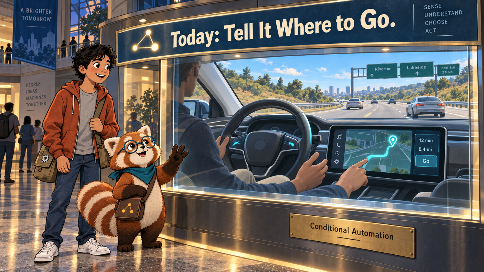 A driver enters a destination on a navigation screen and the car pilots itself down a clear sunny highway