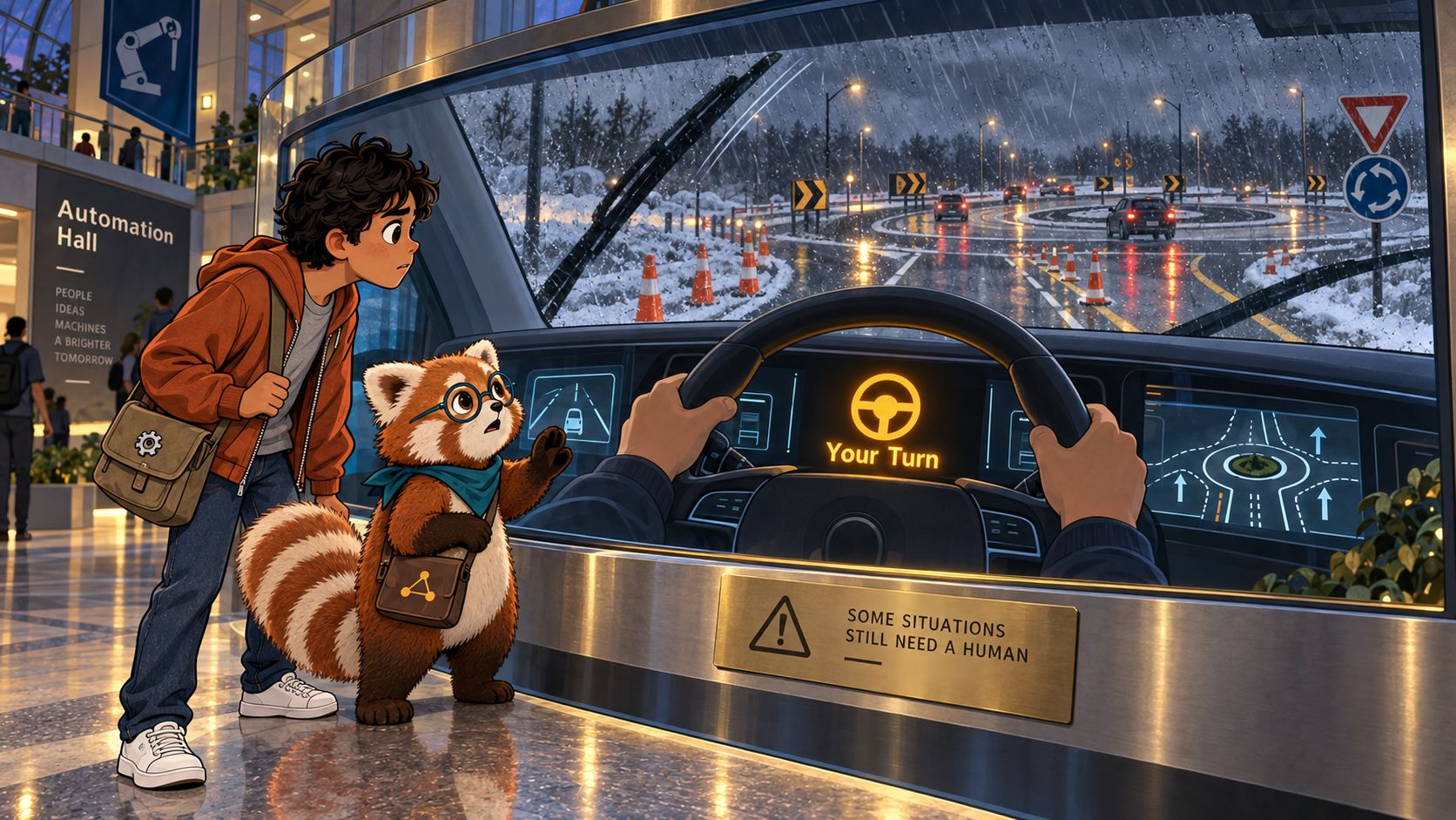 The same self-driving dashboard flashes a hand-back-to-driver alert as construction cones, heavy rain, and a roundabout appear ahead