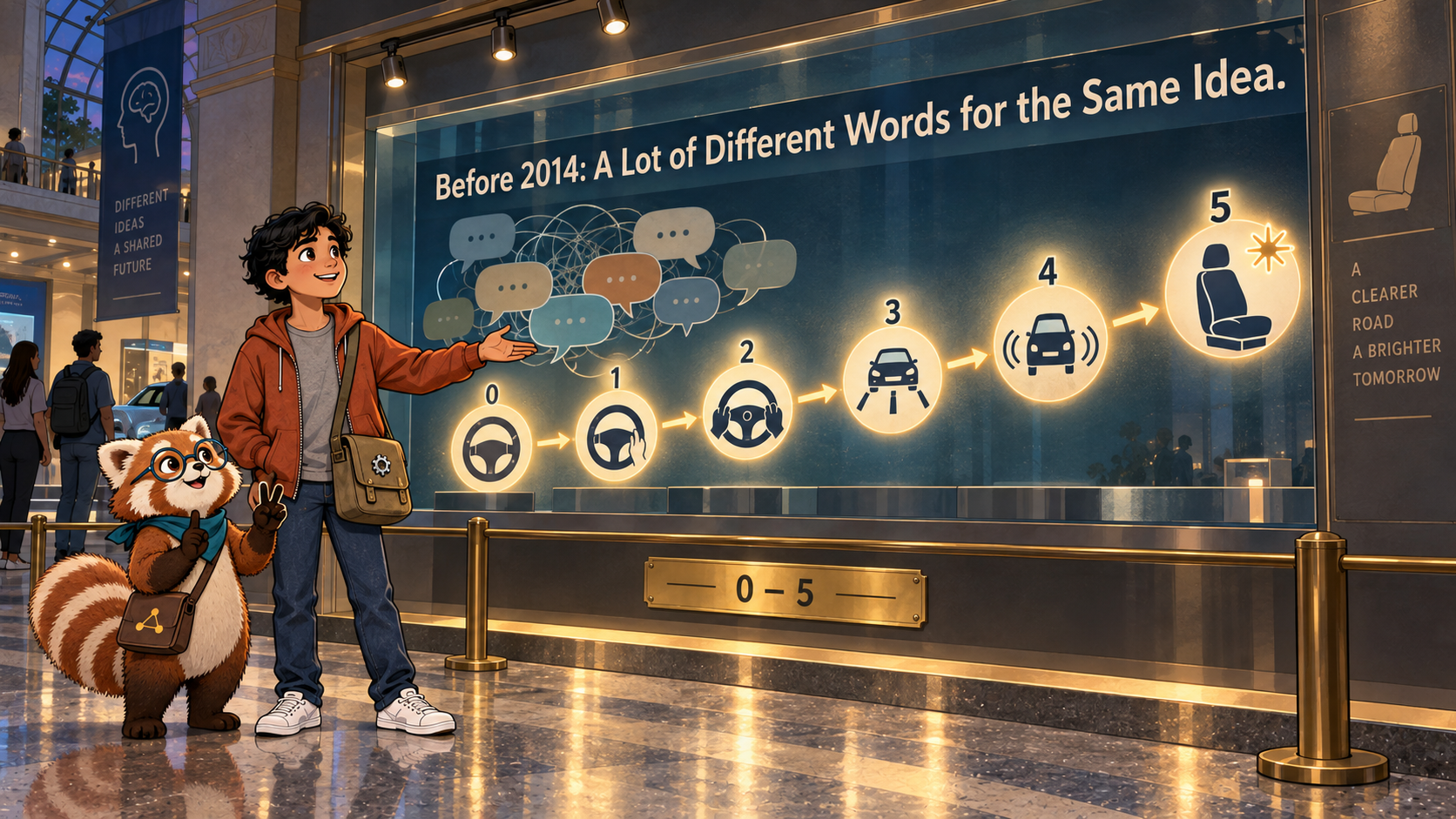 A wall chart shows six numbered automation icons rising from a plain steering wheel to an empty driver's seat