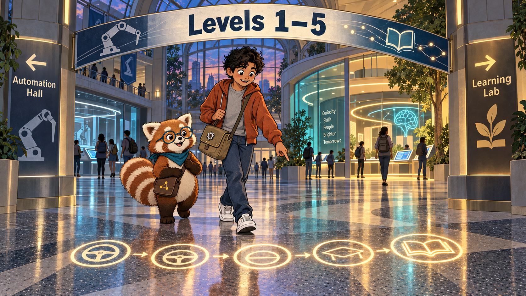 Rowan and Theo walk through an archway as a car icon on the floor gradually morphs into a book icon