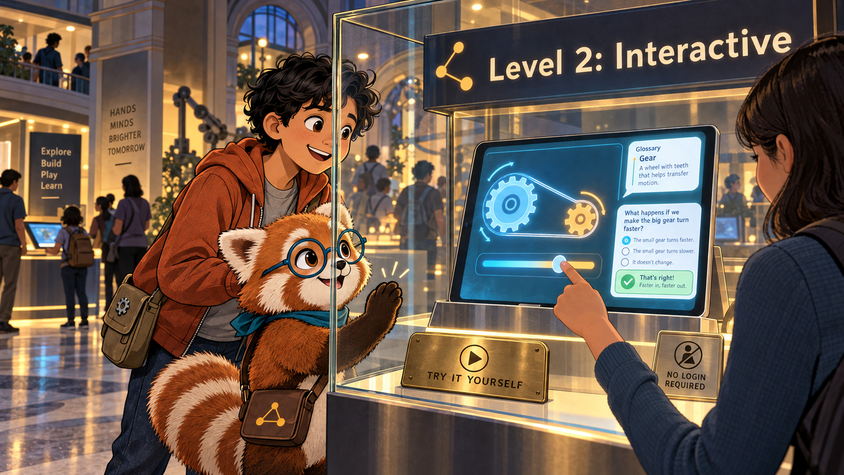 A tablet shows a glowing interactive simulation, glossary, and quiz that anyone can use without logging in