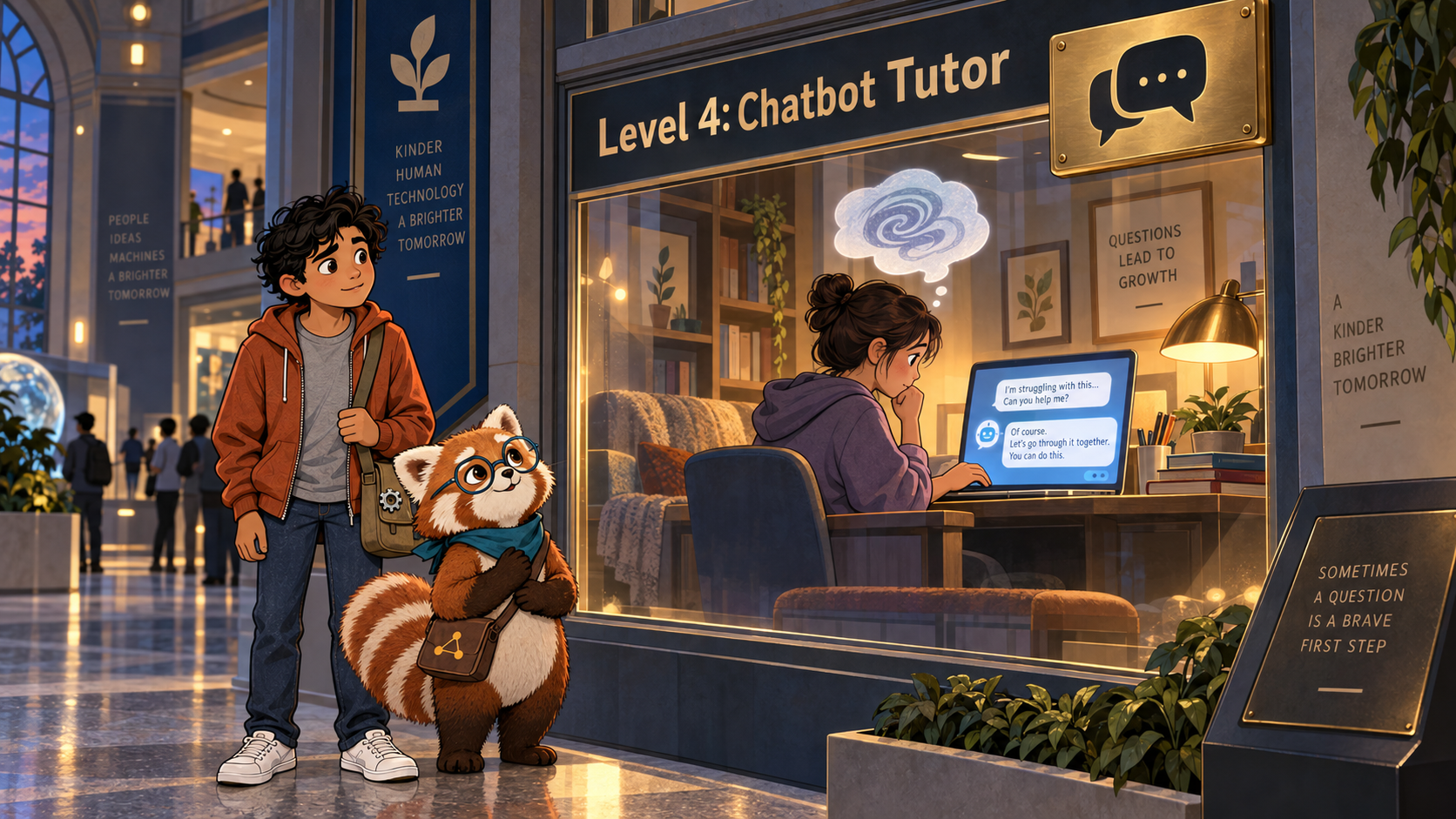 A student types a question into an AI chat tutor and receives a caring, personalized reply on screen