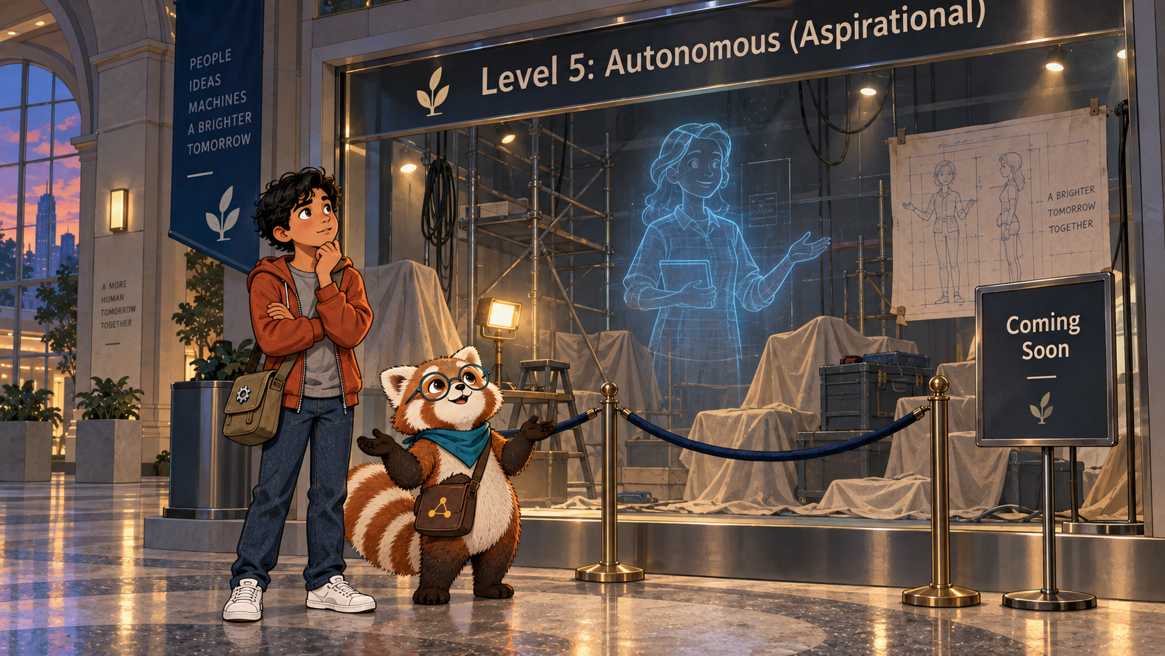 An empty, half-built exhibit space displays a faint holographic sketch of a fully personalized AI tutor under a Coming Soon sign