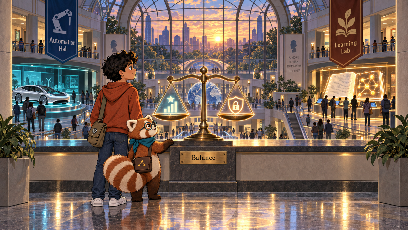 Rowan and Theo stand at a large window overlooking both wings, watching a glowing balance scale where a benefits pan and a risk pan both rise together