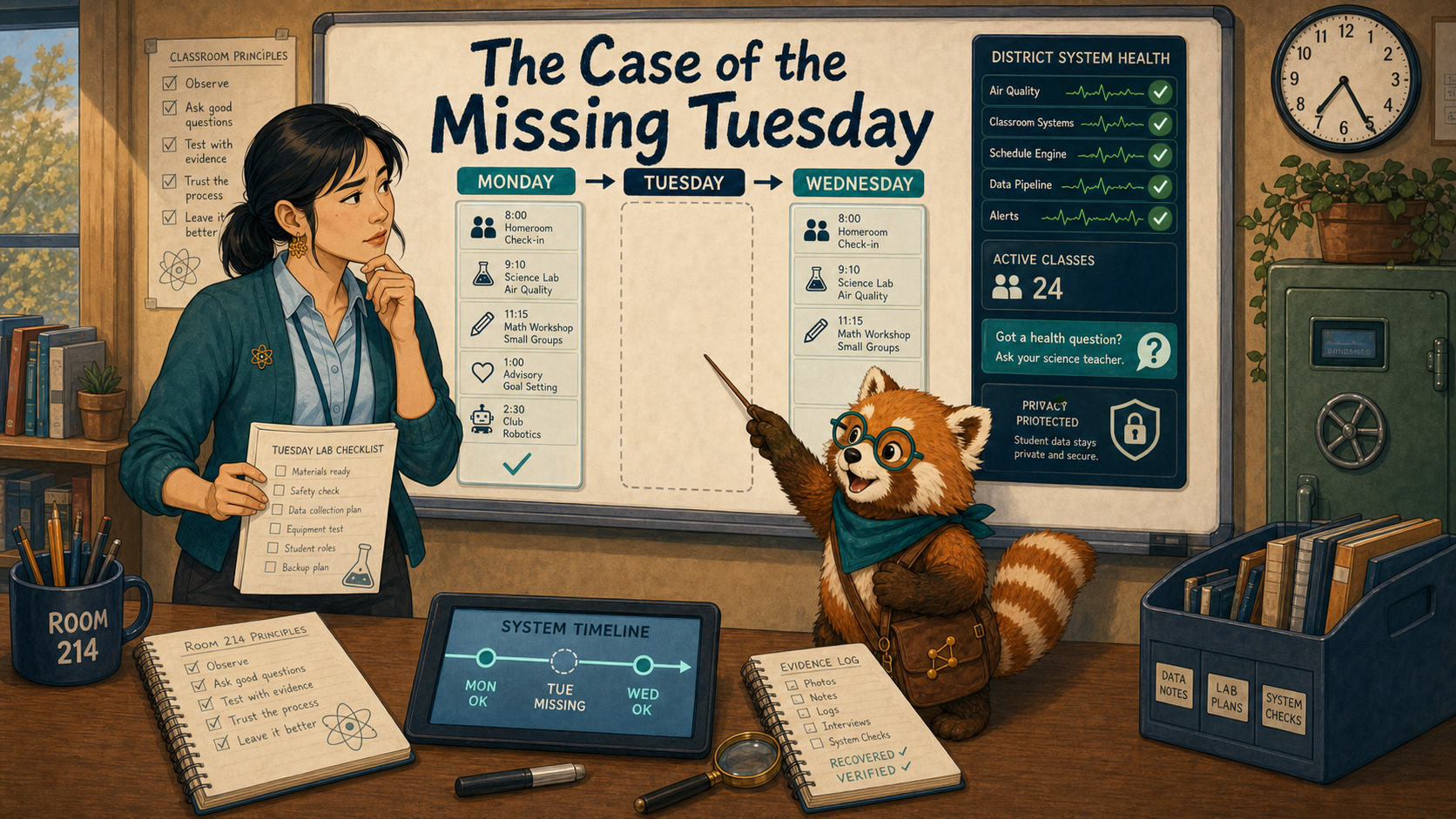 Maya sees Tuesday missing from the class timeline