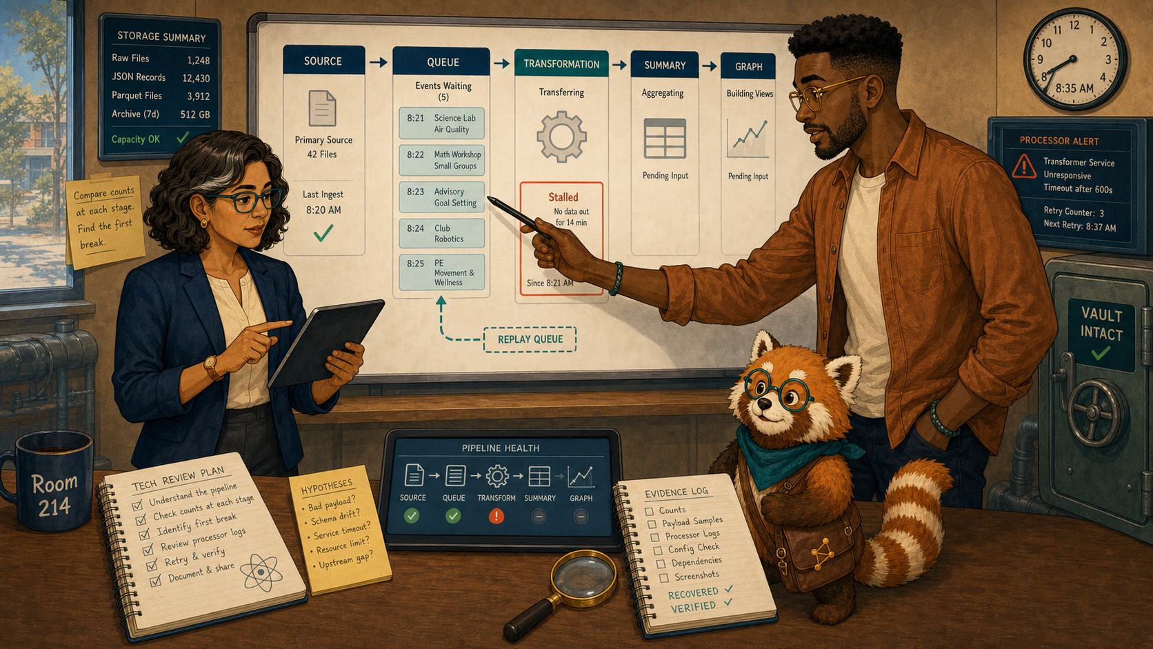 Noah and Elena inspect the processing backlog