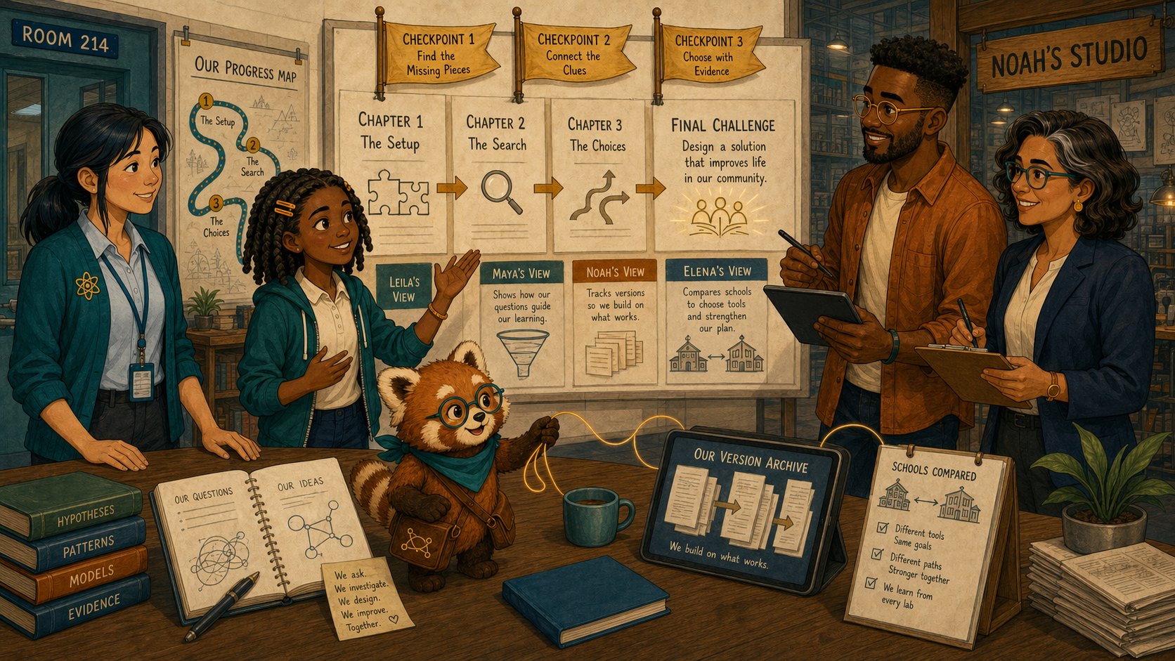The full team reviews the visible chapter journey
