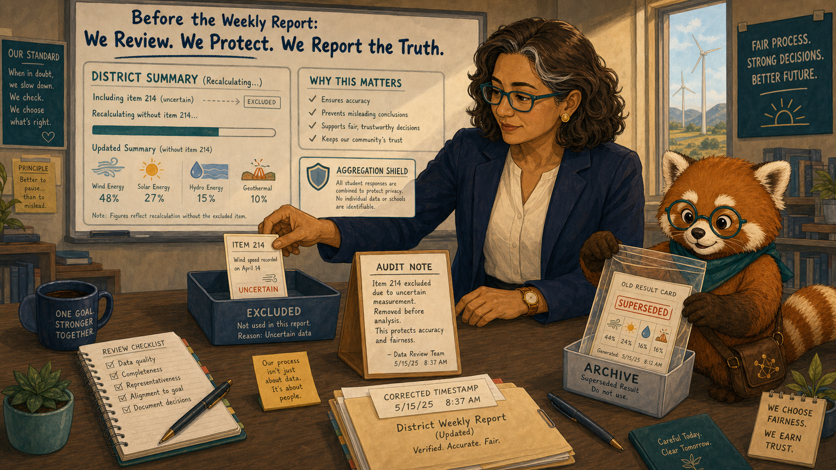 Elena excludes the flawed item from district decisions