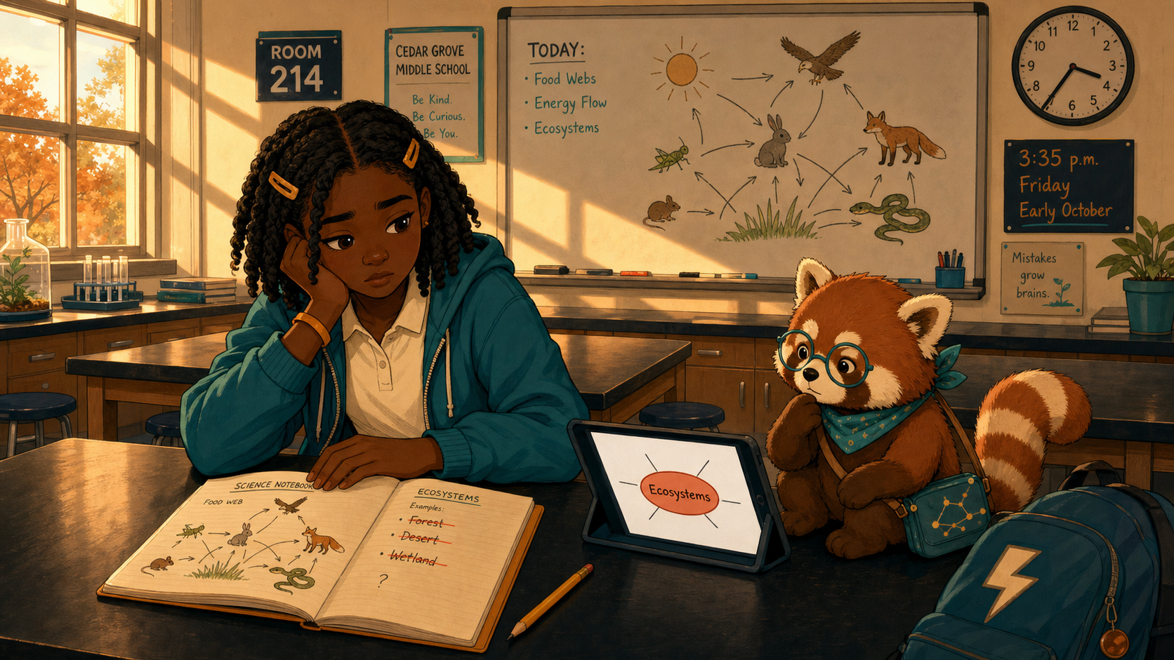 Leila studies beside the red Ecosystems node