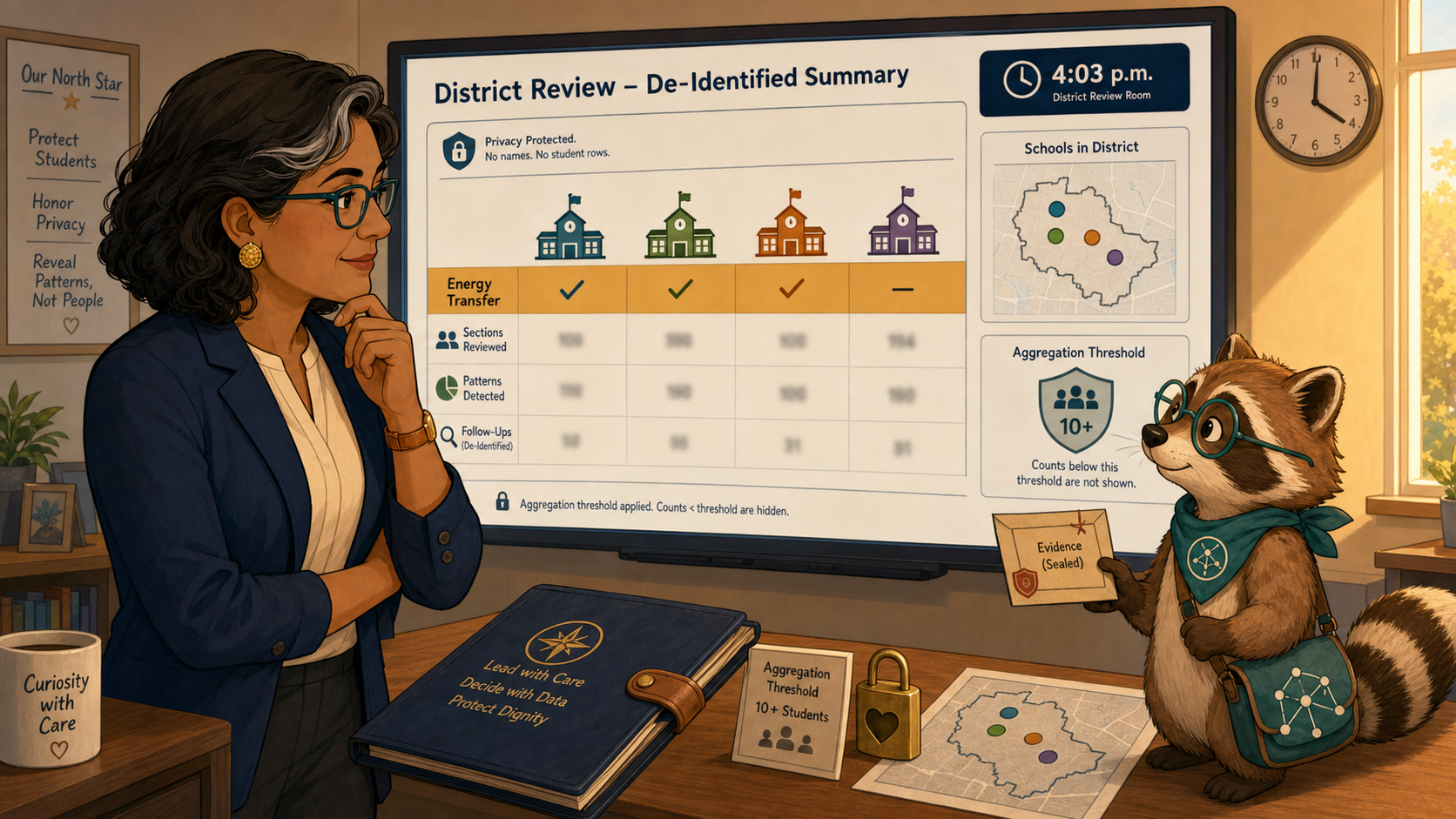 Elena examines a de-identified district rollup