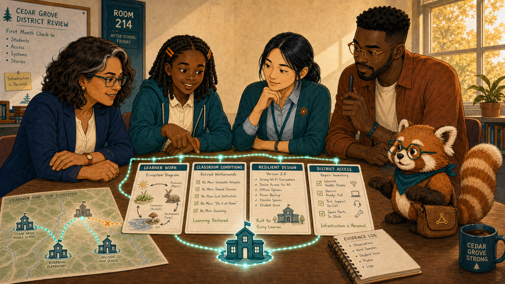 The team reviews access and learning together