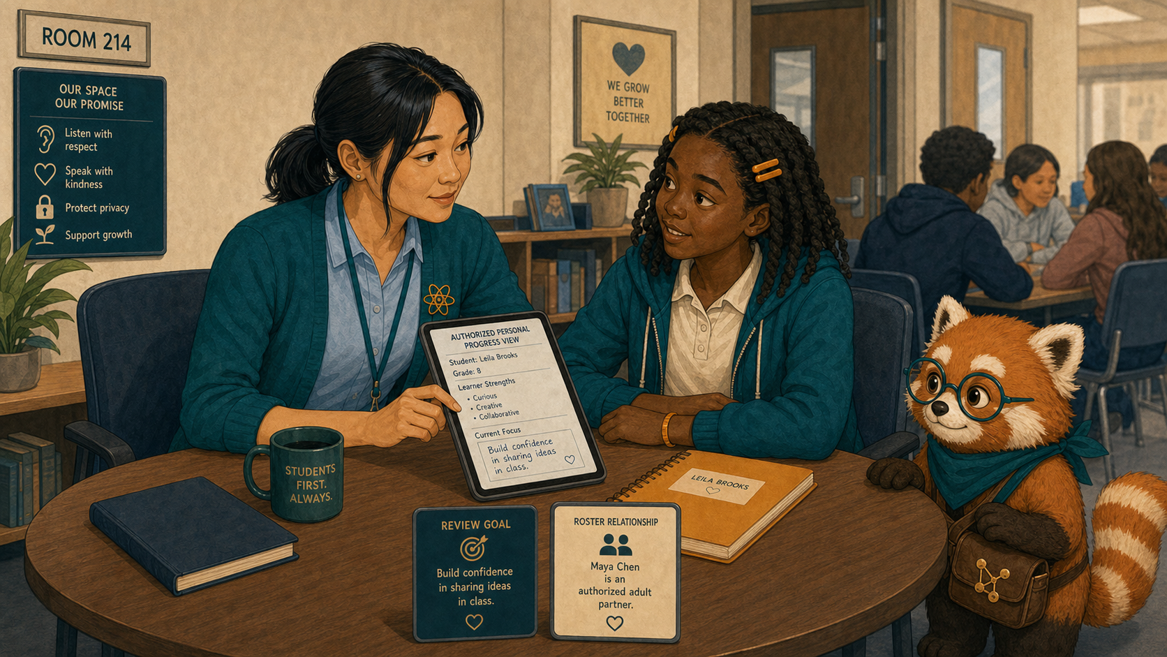 Maya and Leila discuss progress privately