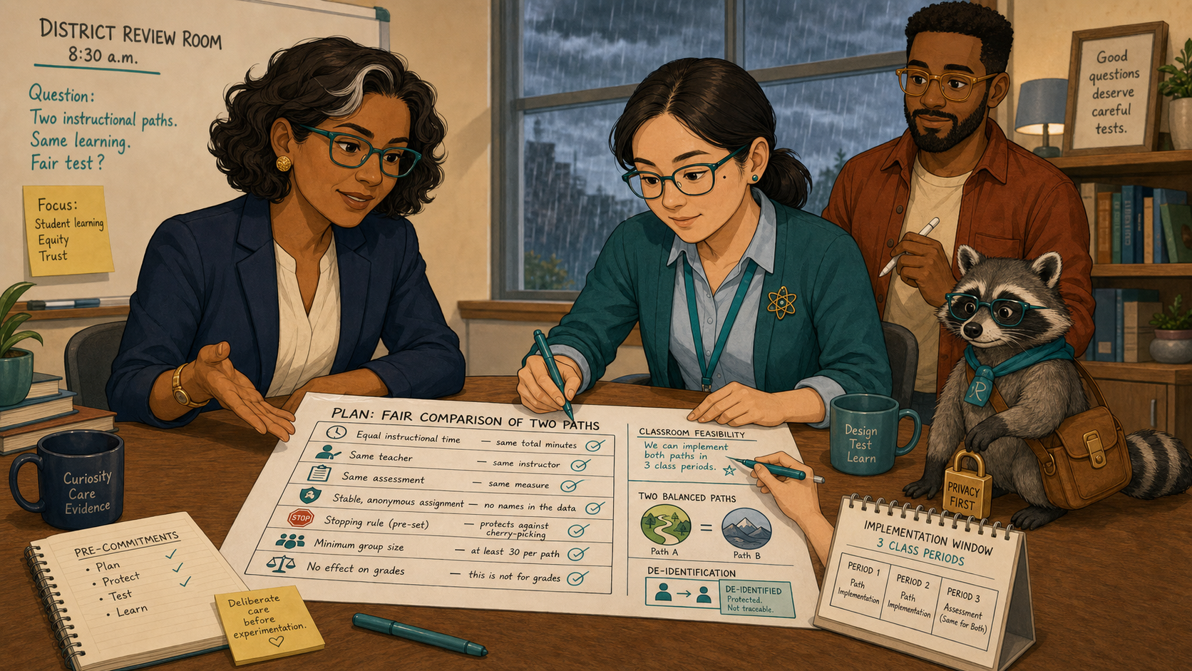 Elena and Maya review the experiment safeguards