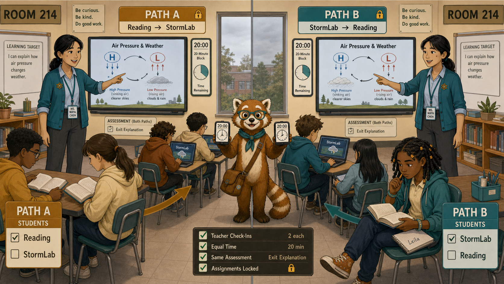 Maya teaches both groups under equal conditions