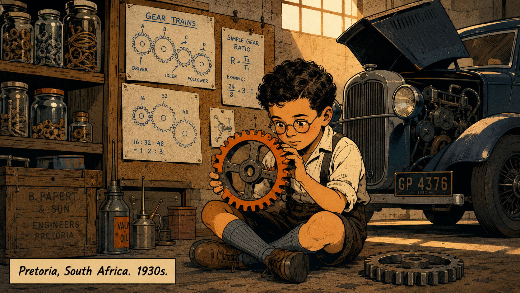 Panel 1 — Young Seymour in a Pretoria garage, surrounded by mechanical parts, holding a gear and gazing at it with intense curiosity