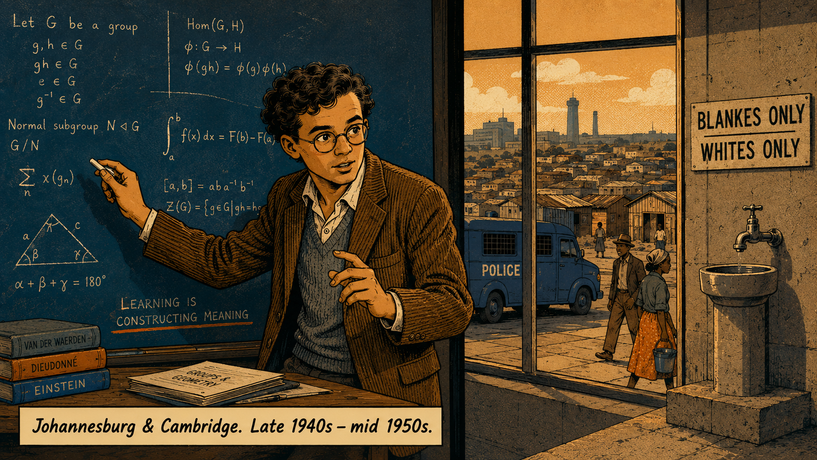 Panel 2 — Split composition: left side shows a young Papert at a chalkboard covered in equations; right side shows apartheid-era South Africa, separate entrances, police signs, and a township seen through a university window