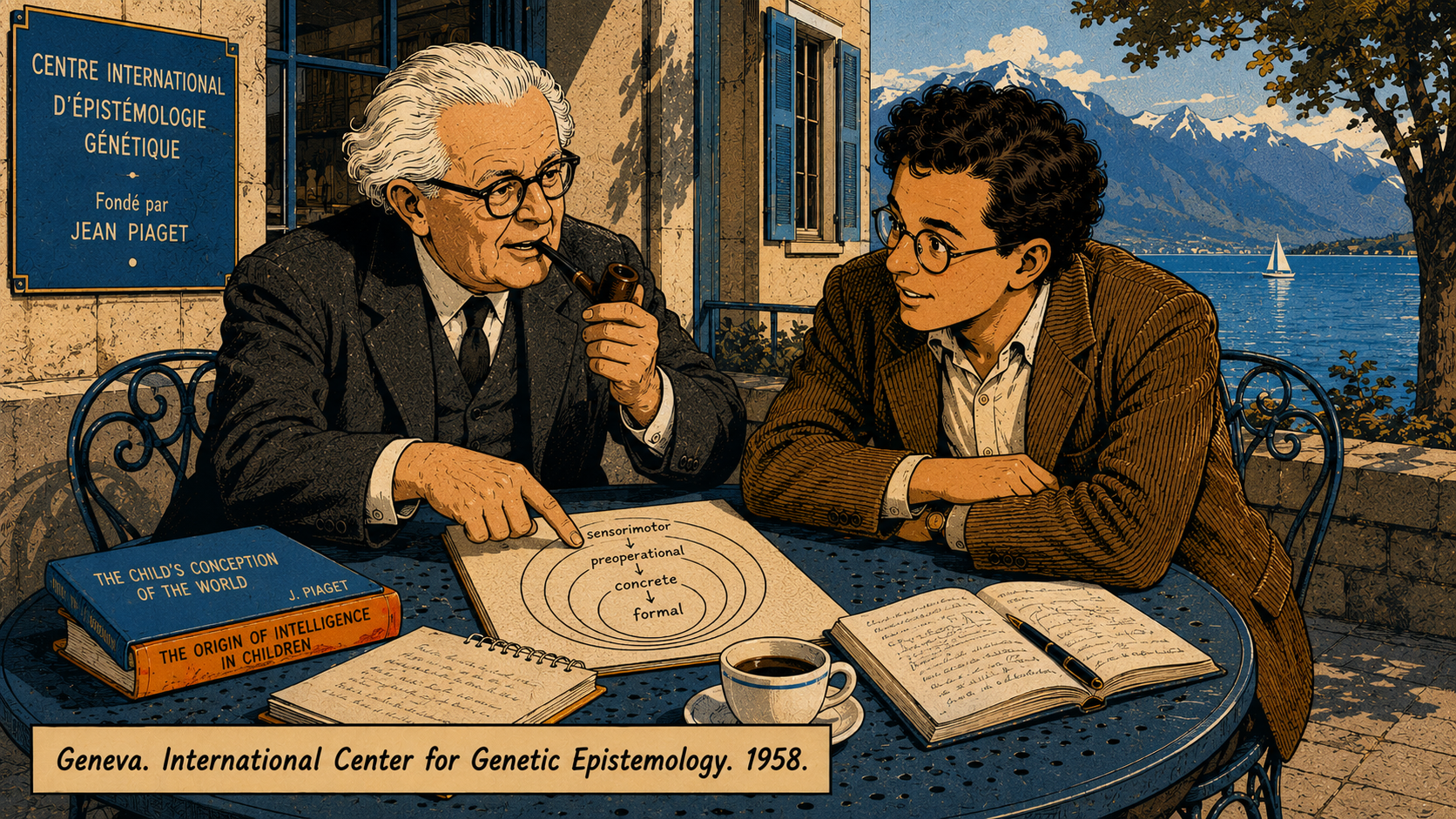 Panel 3 — Papert and Jean Piaget in conversation at a café table near Lake Geneva, notebooks open between them, Piaget gesturing animatedly at a diagram of concentric circles