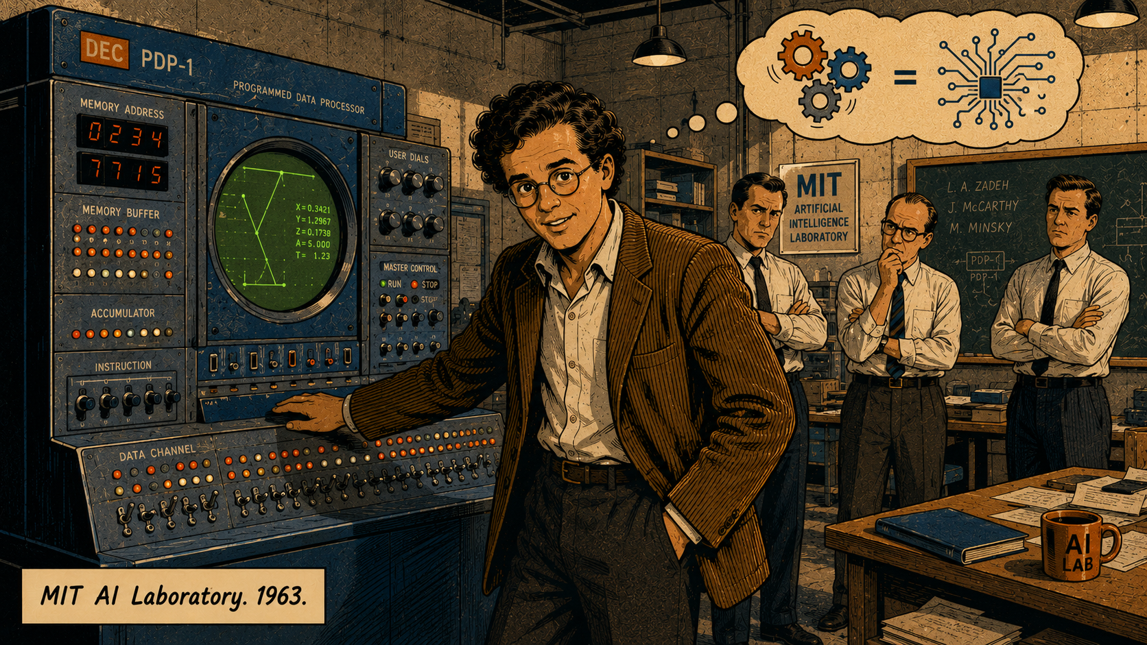 Panel 4 — Papert standing in front of an early DEC PDP-1 computer at MIT, hand resting on the console, colleagues visible in the background looking skeptical; a single thought-bubble shows gears meshing with circuit diagrams