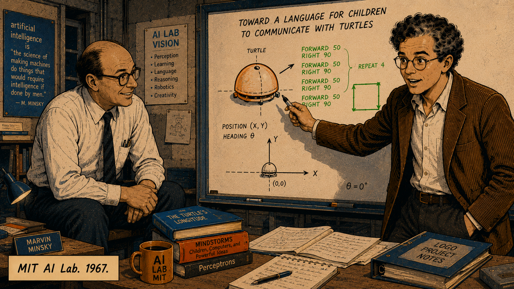 Panel 5 — Papert and Marvin Minsky at a whiteboard covered in turtle diagrams and Logo syntax fragments; between them, a sketch of a dome-shaped robot on the floor; Papert's finger points at the sketch with the body language of eureka