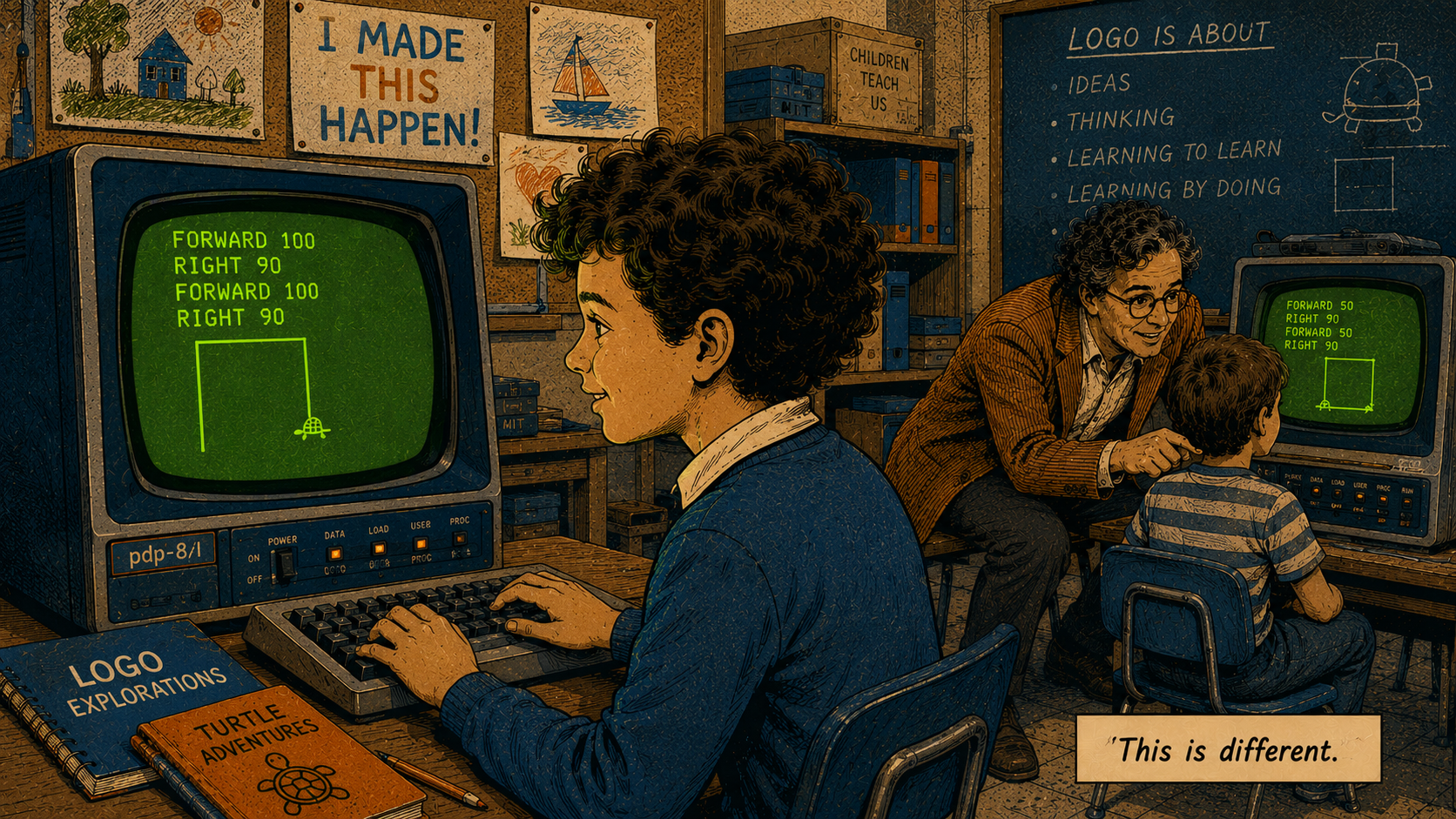 Panel 6 — A child of about nine at an early computer terminal, fingers on the keyboard, on the screen: four lines of Logo code and a partial square being drawn line by line; the child's face shows the specific wonder of authorship
